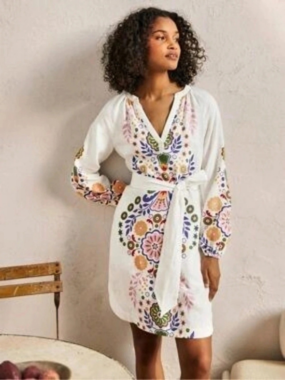 Boden Embroidered Linen Tunic Dress White Floral Boho Tie Waist Split V-Neck